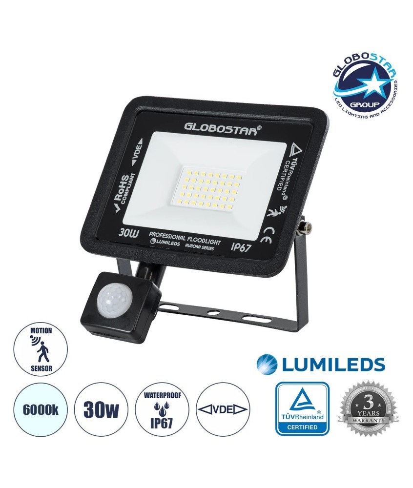 GLOBOSTAR® AURORA 64139 Προβολέας με Ανιχνευτή PIR - Αισθητήρα Κίνησης LED 30W 3750lm 120° AC 220-240V Αδιάβροχο IP67 Ψυχρό Λευκό 6000K - Lumileds SMD Chip - TÜV Rheinland Certified - Μαύρο Ματ - Μ16 x Π5 x Υ17.5cm - 3 Χρόνια Εγγύηση